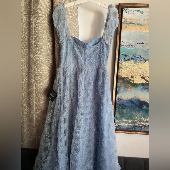 LULUS  EXCEEDINGLY ELEGANT BLUE FLORAL APPLIQUÉ BUSTIER MIDI DRESS SZ L NWT - Picture 7 of 17